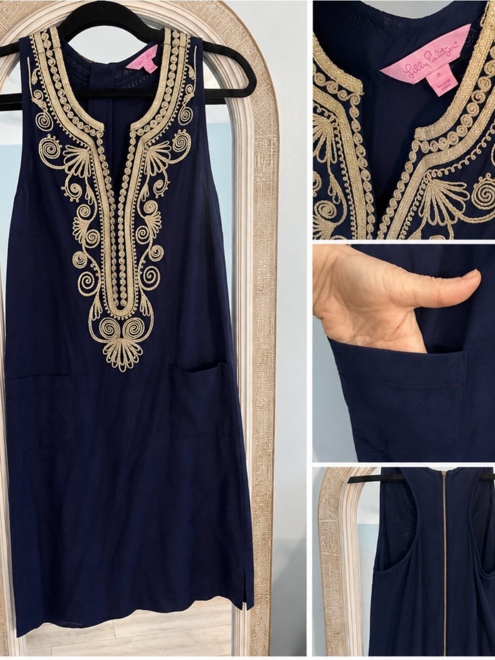 Lilly Pulitzer Navy Midi Dress with Gold Embroidered Yoke - Picture 2 of 5